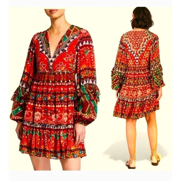 Farm Rio Tropical Shine Dress XL Boho CELEBRITY Party Balloon Sleeve Resort Vaca - Picture 2 of 16